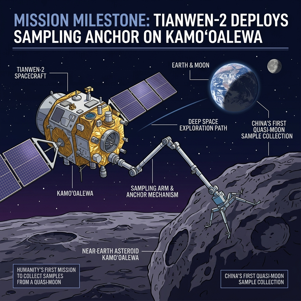 AI Generated Image - China's Tianwen-2 spacecraft deploying an anchor-and-attach mechanism and mechanical arm toward the gray, crater-marked surface of asteroid Kamoʻoalewa. Earth, Moon, and distant stars are visible in the deep space background.