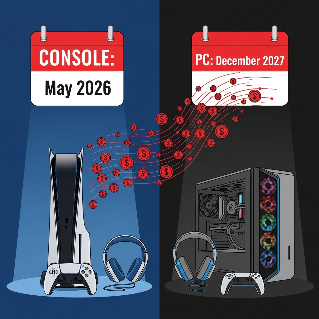 AI 생성 이미지 - PlayStation 5 콘솔이 밝은 스포트라이트 아래 왼쪽에 우위로 배치되고, 고사양 PC 게이밍 타워가 어두운 오른쪽 후순위에 배치된 모습. 중앙의 빨간 달력 태그는 'CONSOLE: May 2026'과 'PC: December 2027'로 18개월의 출시 지연을 명확히 표시.