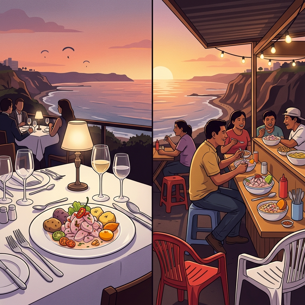 AI Generated Image - Fine dining artistic ceviche and street vendor casual ceviche under Lima's dusk sky, contrasting two culinary worlds of Peru