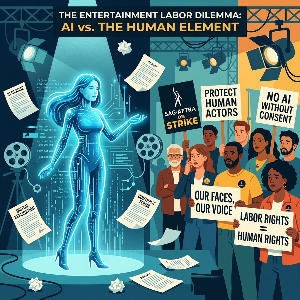 AI Generated Image - A glowing blue synthetic AI actress figure composed of digital data streams on the left contrasts sharply with diverse human actors holding SAG-AFTRA protest signs on the right. Contract documents and film equipment are scattered throughout the scene, with the title 'The Entertainment Labor Dilemma: AI vs. The Human Element' displayed prominently above.