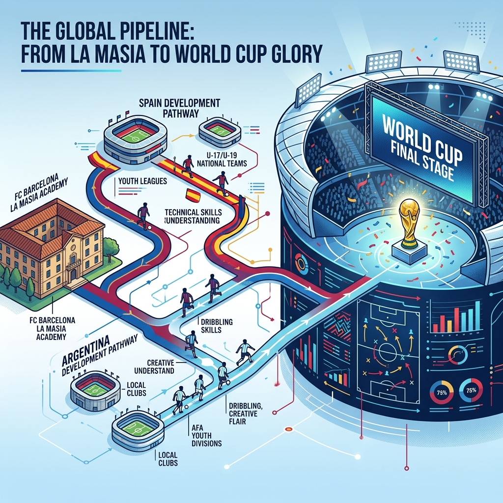 AI Generated Image — A development pathway branching from FC Barcelona's La Masia academy building, split into Spain's red route and Argentina's light blue-white route. These two pathways converge at the World Cup final stadium, depicting the structural pipeline of global football.