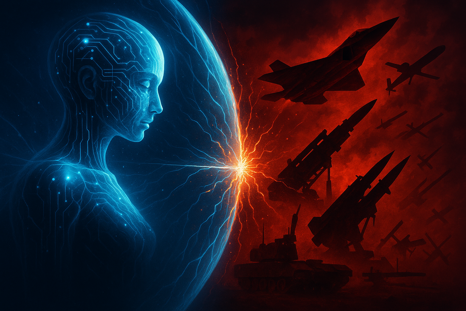Conceptual digital illustration of tension between AI safety and military power