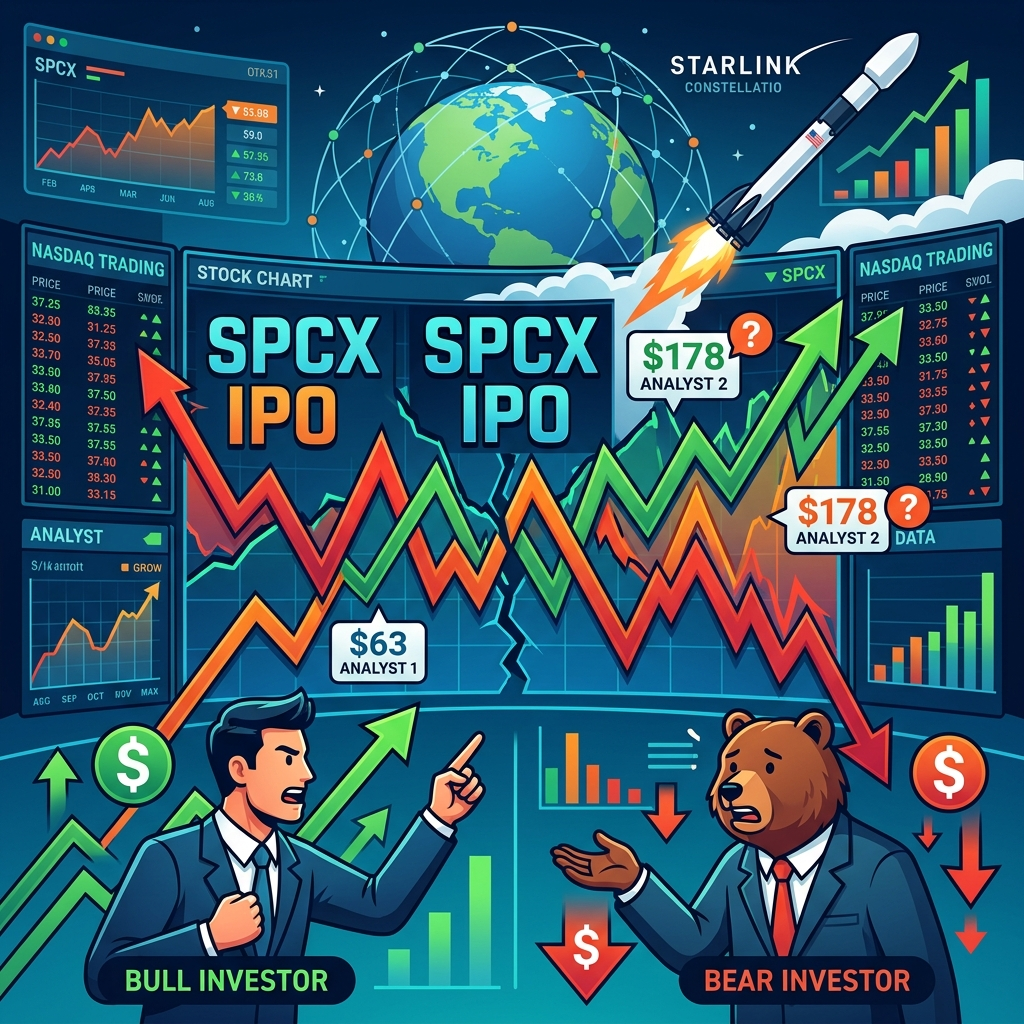 AI 생성 이미지 - SpaceX SPCX의 IPO 이후 극심한 주가 변동성을 표현한 인포그래픽. Starlink 위성과 Falcon 9 로켓이 배경에 표시되며, 앞쪽에는 $63과 $178이라는 극단적 밸류에이션 평가를 둘러싼 Bull과 Bear 투자자의 논쟁이 시각화되어 있다. 나스닥 실시간 차트와 상승-하강 추세선이 경제적 불확실성을 강조한다.