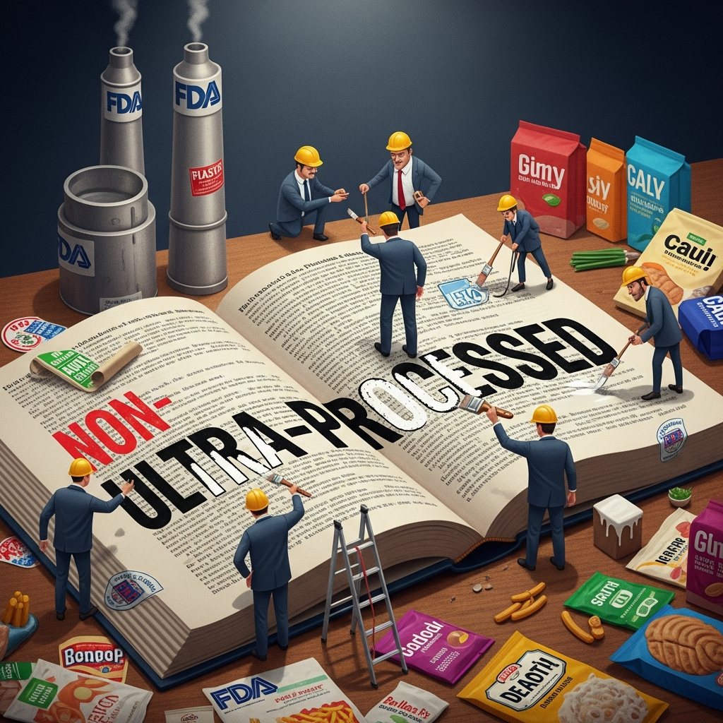 AI Generated Image - A large English dictionary displaying 'NON-ULTRA-PROCESSED' prominently, with business figures painting and editing the text, surrounded by colorful food packages and FDA label stickers, depicted in a digital editorial infographic illustration
