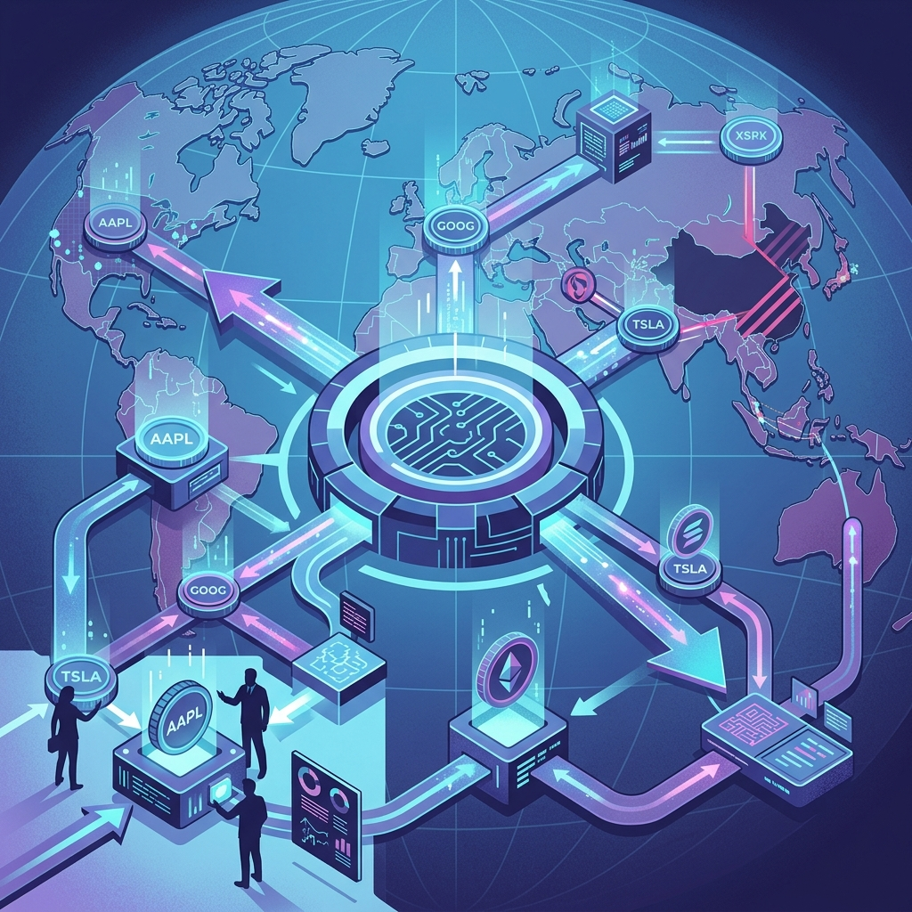 AI Generated Image - Tokenized stocks including AAPL, GOOG, and TSLA flowing through global nodes in the Robinhood Chain blockchain network. Glowing arrows emanating from the central blockchain hub connect 120+ countries, with retail investor silhouettes interacting with tokens and smart contract blocks throughout the network.