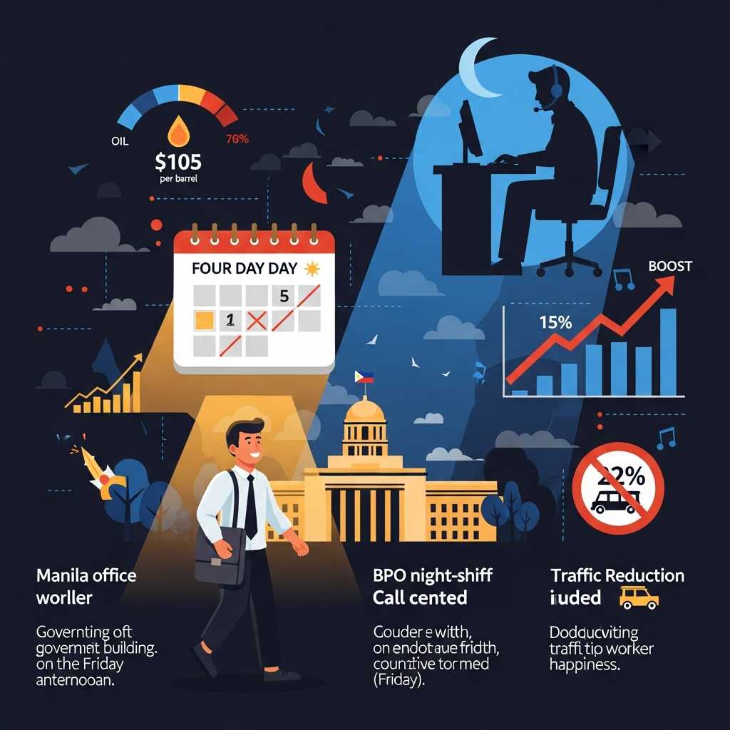 AI Generated Image: split editorial illustration of a Manila government worker leaving a government building on a Friday afternoon under golden light alongside a BPO night-shift call center worker still on duty under blue moonlight, with a four-day calendar and a $105 oil-price gauge laid out as infographic elements.