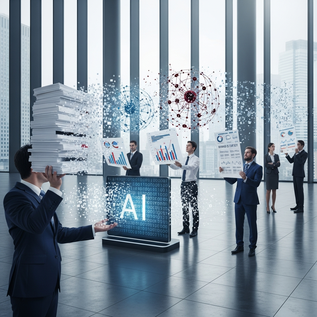 AI Generated Image — White-collar professionals (lawyer, financial analyst, marketer) in a modern glass office lobby handing their work materials—legal briefs, financial charts, marketing documents—to a central AI entity, some showing resistance while others comply, with documents visibly dissolving into data particles.
