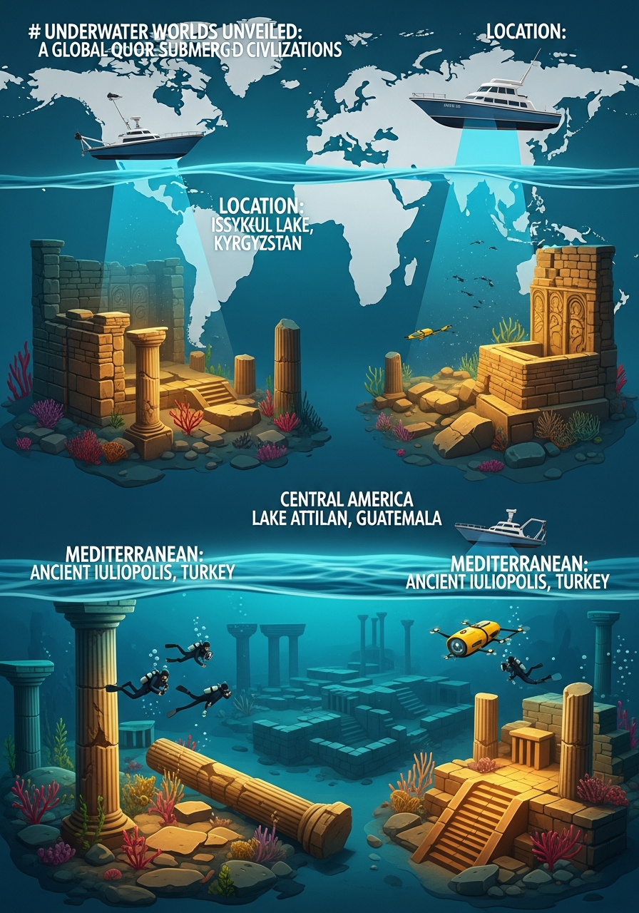 AI Generated Image - Editorial infographic illustration showing four underwater archaeological discovery sites across four continents on a world map: Issyk-Kul Lake in Kyrgyzstan, Lake Atitlan in Guatemala, Iuliopolis in Turkey, and Dwarka in India, with submerged ancient city ruins, divers, and AUV drones depicted at each location