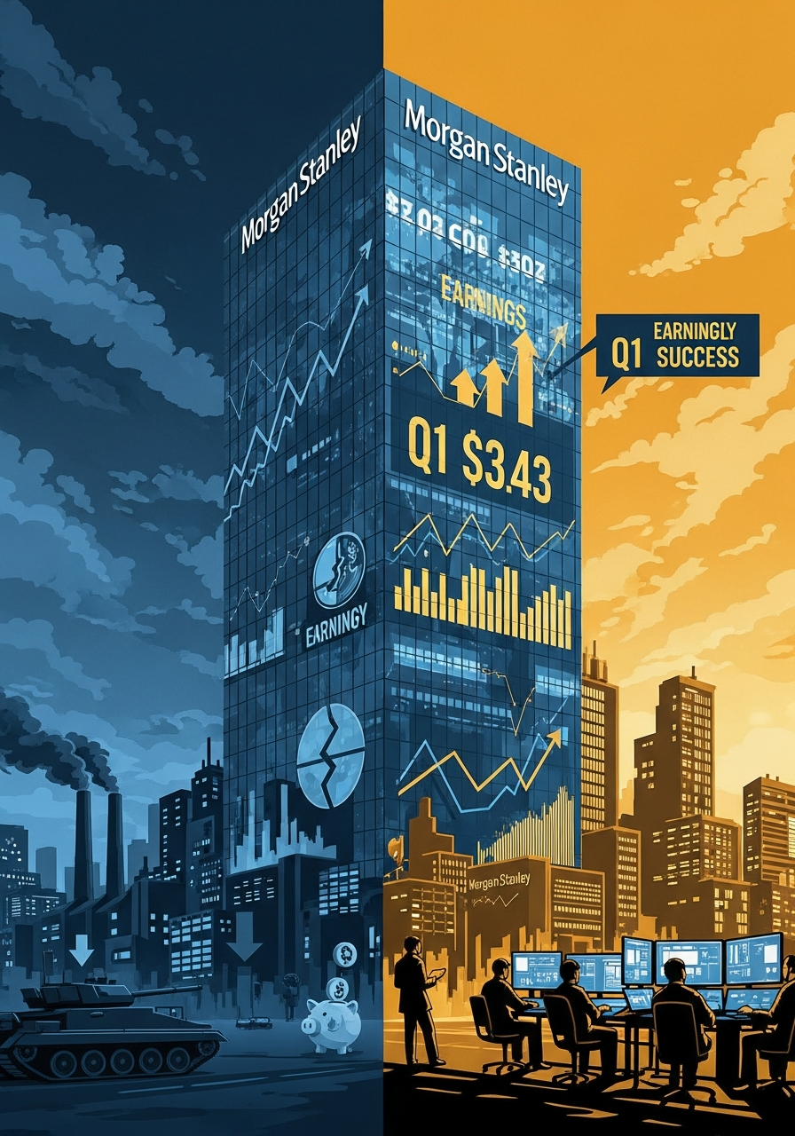 AI Generated Image — Morgan Stanley headquarters, a sleek glass skyscraper rising above a divided cityscape, one side glowing with financial charts and upward arrows, the other darkened by war tanks and factory smokestacks representing global recession.