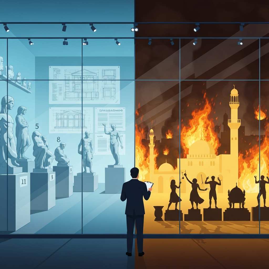 AI Generated Image - A museum interior divided by a glass wall: left side showing orderly numbered marble sculptures and architectural blueprints under cool institutional lighting, right side depicting a burning cityscape with silhouettes of dancing people and burning mosques in golden fire tones