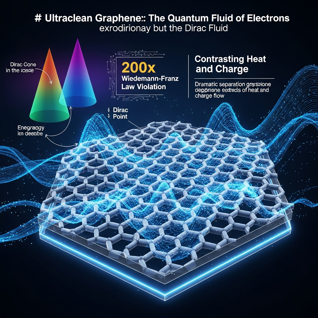 AI Generated Image - Digital illustration of ultraclean graphene's honeycomb hexagonal lattice structure where electrons flow as a Dirac fluid, depicted with colorful wave and flow patterns at the top, 3D graphene lattice in the center, and Dirac cone energy landscape visualization on the right, illustrating the 200x Wiedemann-Franz law violation and separation of heat and charge flow pathways.
