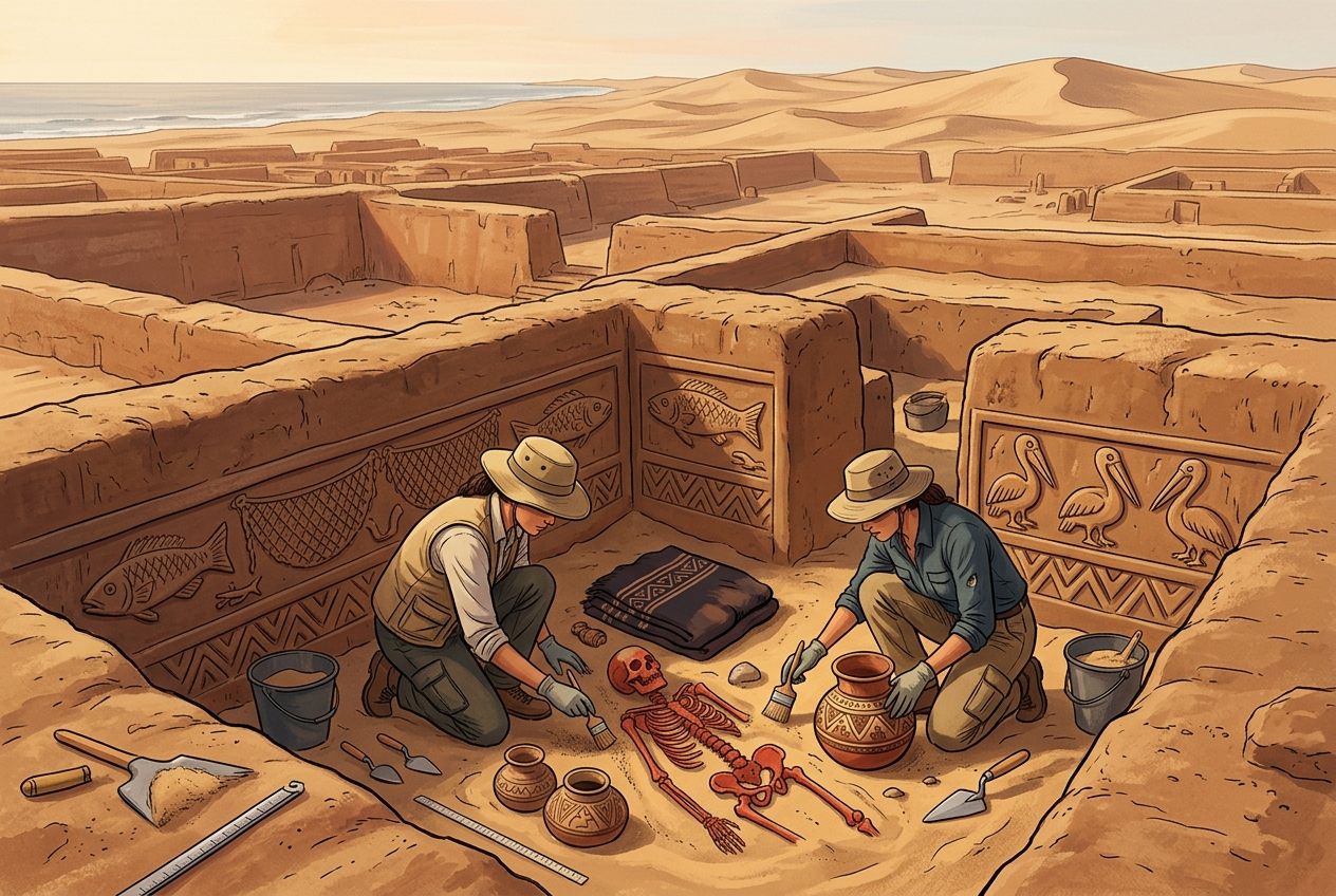 AI Generated Image - Archaeologists at the Peruvian Chan Chan site carefully excavating an undisturbed elite tomb sealed for 600 years within a mud-brick burial chamber. The desert landscape and sand dunes stretching toward the Pacific Ocean form the background.