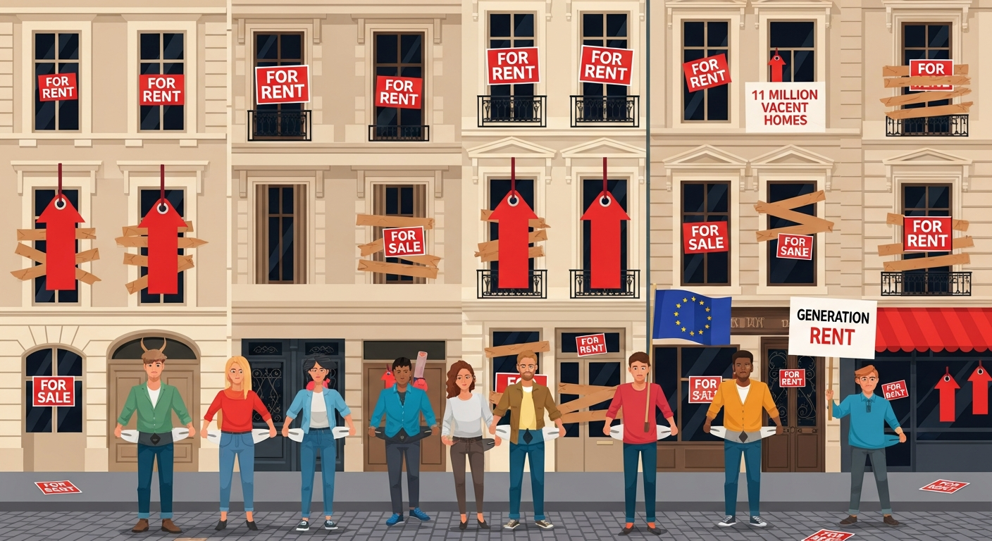AI Generated Image - European apartment buildings with vacant windows and young Generation Rent protesters on European city street with EU flag