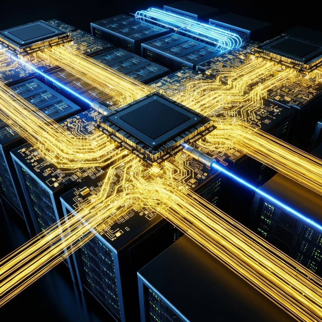 AI Generated Image - MaxLinear's optical DSP chips enabling high-speed optical signal transmission between GPUs in an AI data center. Golden and electric blue fiber optic cables connect circuit boards as data flows at the speed of light, depicted in digital illustration style.