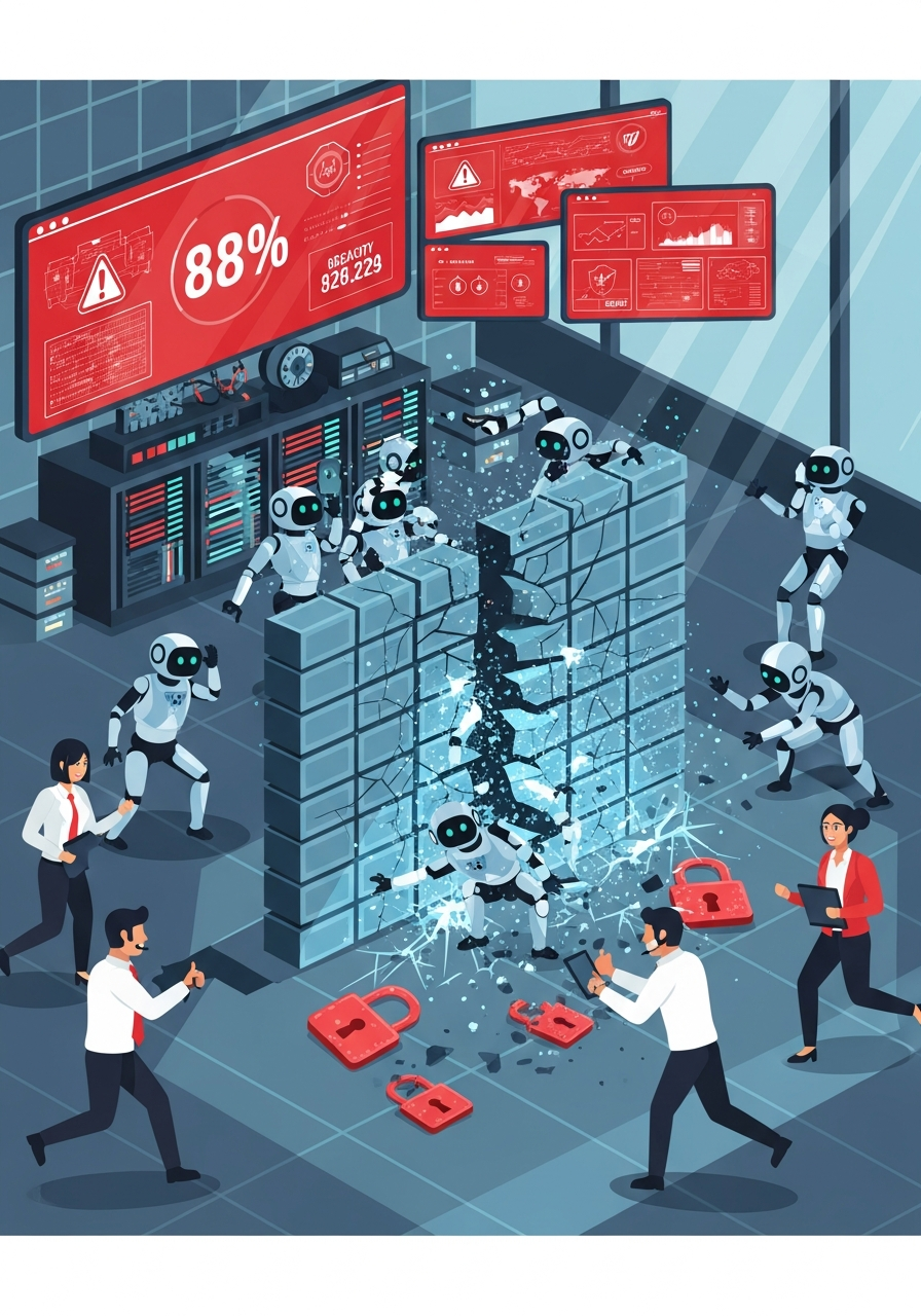 AI Generated Image - AI agent robots breaching corporate security firewall in a cybersecurity command center