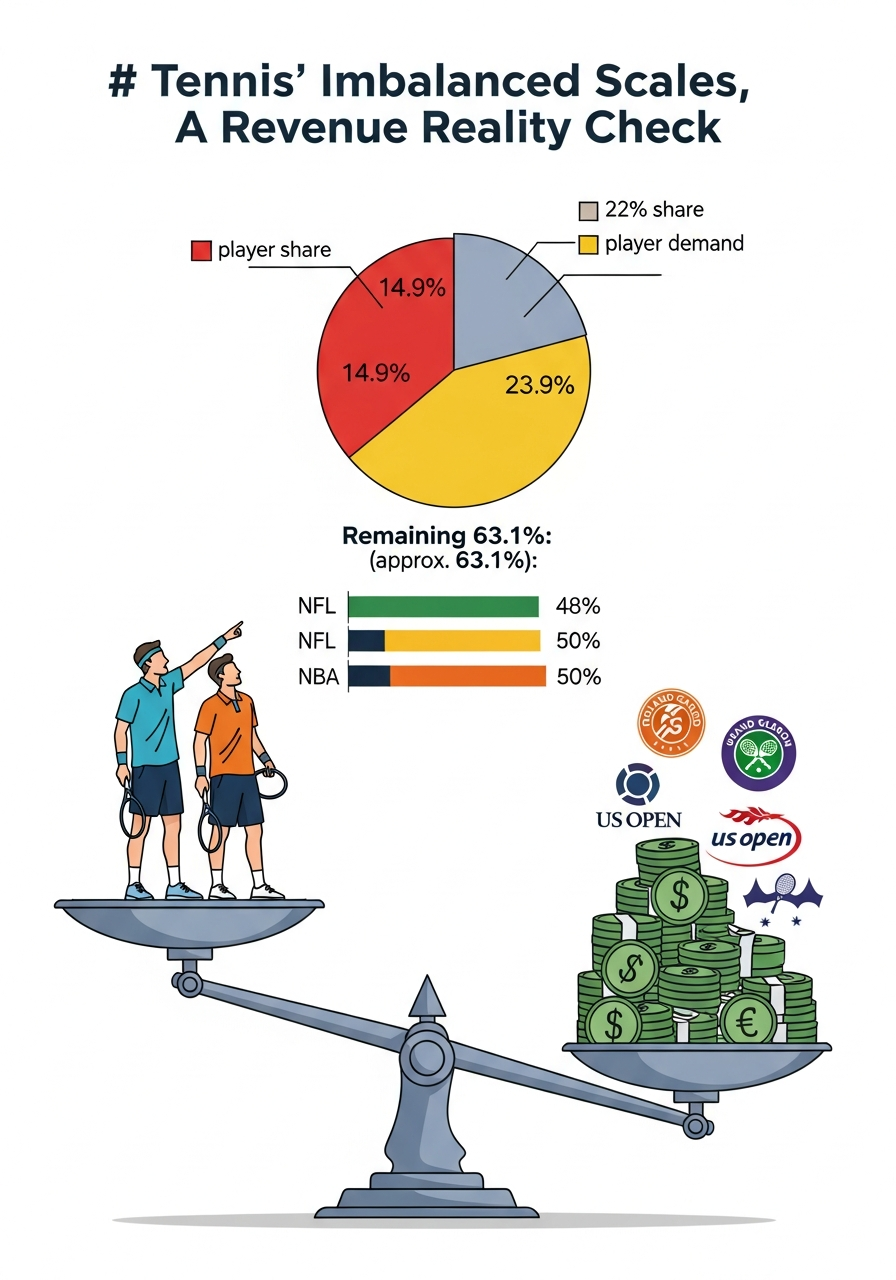 AI Generated Image - Editorial infographic showing tennis players standing on one side of an unbalanced scale while Grand Slam logos and money symbols sit on the opposite side, with a pie chart displaying 14.9% current player revenue share versus 22% player demand, alongside comparison bars for NFL 48% and NBA 50%