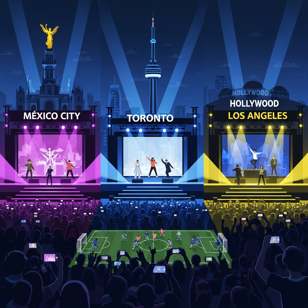 AI 생성 이미지 — FIFA 월드컵 2026의 세 도시 동시 개막식을 묘사한 에디토리얼 일러스트레이션. 멕시코시티, 토론토, 로스앤젤레스의 세 개 무대가 나란히 배치되어 있고, 각 무대에는 밝은 스포트라이트와 공연자들이 있으며, 관객들이 스마트폰을 들고 있는 모습이 보인다. 배경에는 축구 경기장과 축소된 축구 선수들이 희미하게 보여 엔터테인먼트와 스포츠의 긴장 관계를 시각화한다.
