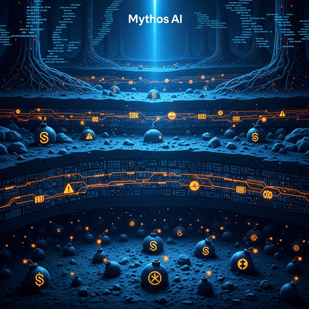 AI 생성 이미지 - Mythos AI를 나타내는 강력한 빛이 지표 아래에 묻힌 수천 개의 디지털 폭탄과 취약점으로 가득한 지뢰밭을 밝혀내는 장면