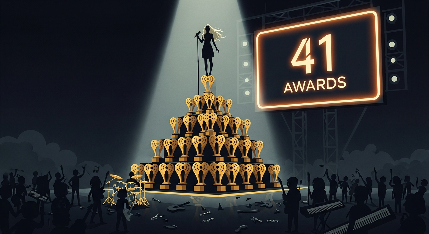 AI Generated Image - Female pop star silhouette standing atop pyramid of 41 iHeartRadio award trophies while smaller artists stand in shadows below, illustrating music industry winner-takes-all dynamics