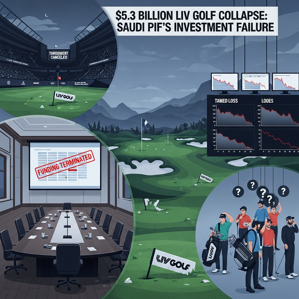 AI Generated Image — Editorial infographic depicting Saudi Arabia's PIF-backed LIV Golf collapse after $5.3 billion investment failure, featuring empty golf tournament venues, executive boardroom with funding termination, financial loss charts, and golfers caught in uncertainty.
