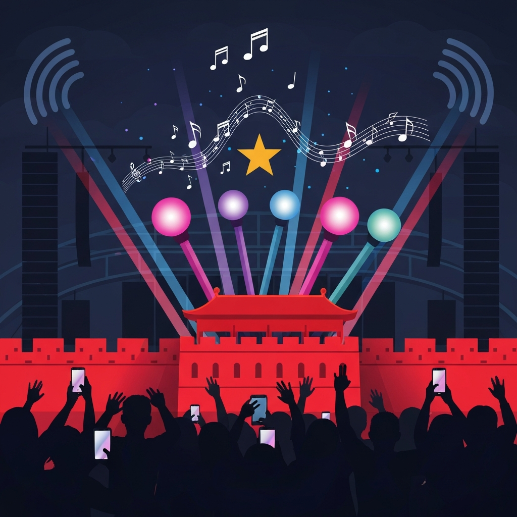 AI Generated Image - Pink and purple K-pop lightsticks piercing through China's dark firewall, with bright concert stage spotlights flowing upward. The Great Wall of China and modern concert venue are visible in the background, with silhouettes of fans holding smartphones below.