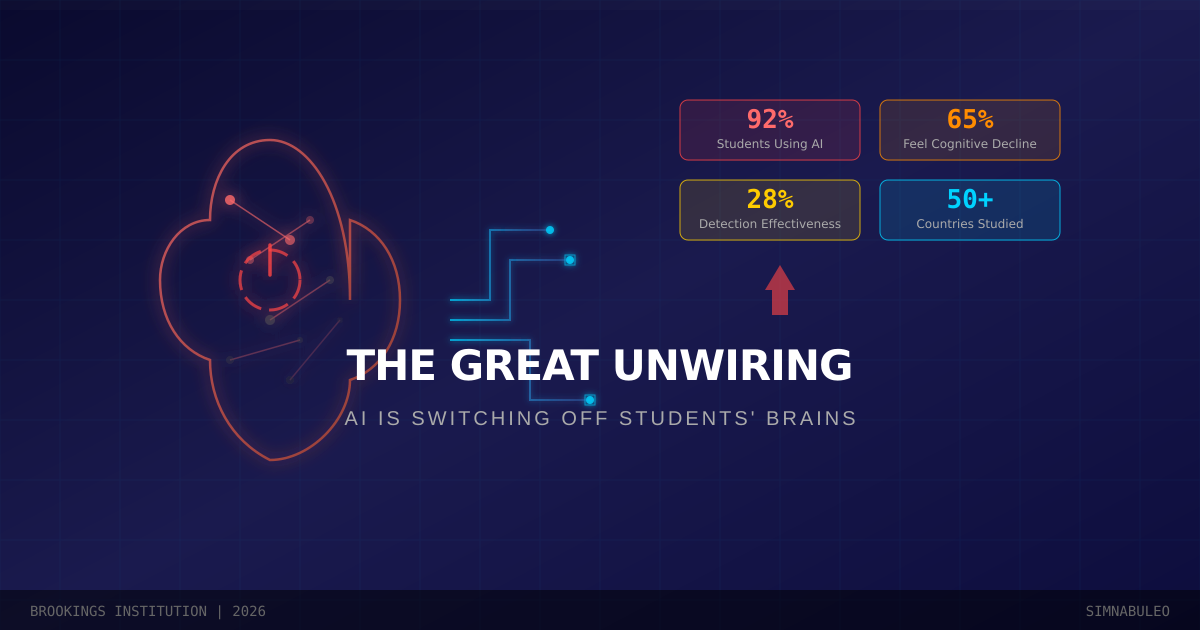 (AI-generated images) The Great Unwiring infographic - AI switching off students' brains with statistics: 92% using AI, 65% feel cognitive decline, 28% detection effectiveness