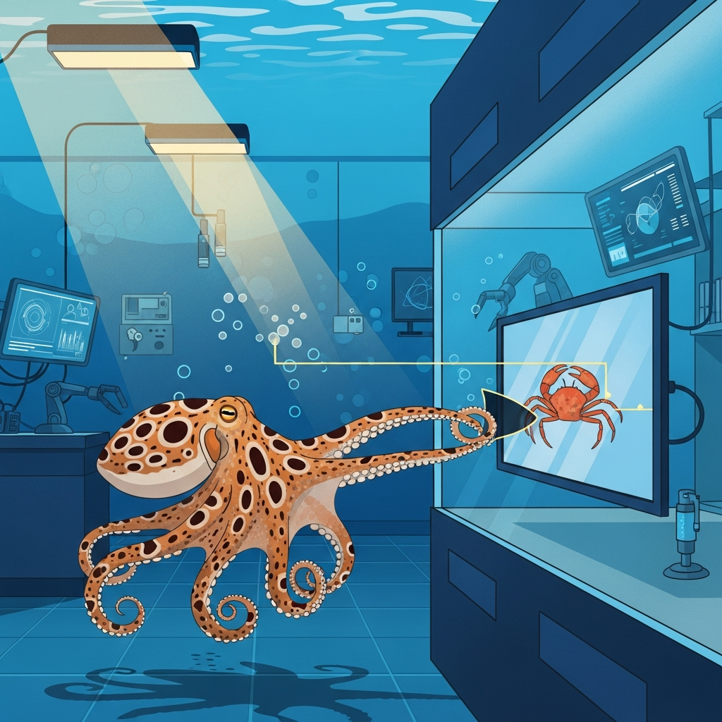 AI Generated Image — California two-spot octopus detecting hidden virtual prey location through mirror reflection in an underwater research laboratory