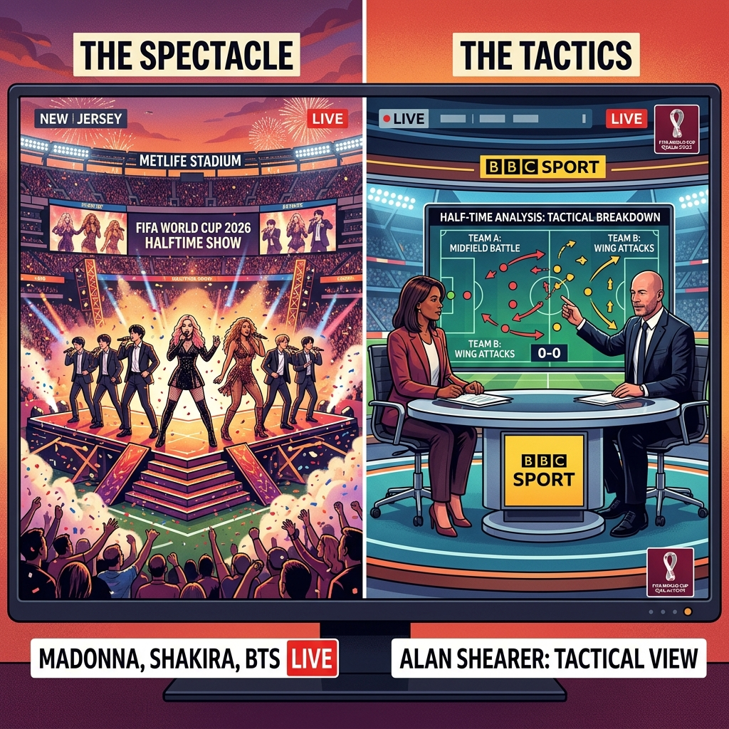 AI Generated Image - Dual perspective illustration of FIFA World Cup 2026 final halftime show. Left side depicts Madonna, Shakira, and BTS performing on a vibrant stage under stadium lighting labeled THE SPECTACLE. Right side contrasts with a BBC studio scene where Alan Shearer conducts football tactical analysis at a desk labeled THE TACTICS, symbolizing the clash between global entertainment and traditional football analysis.