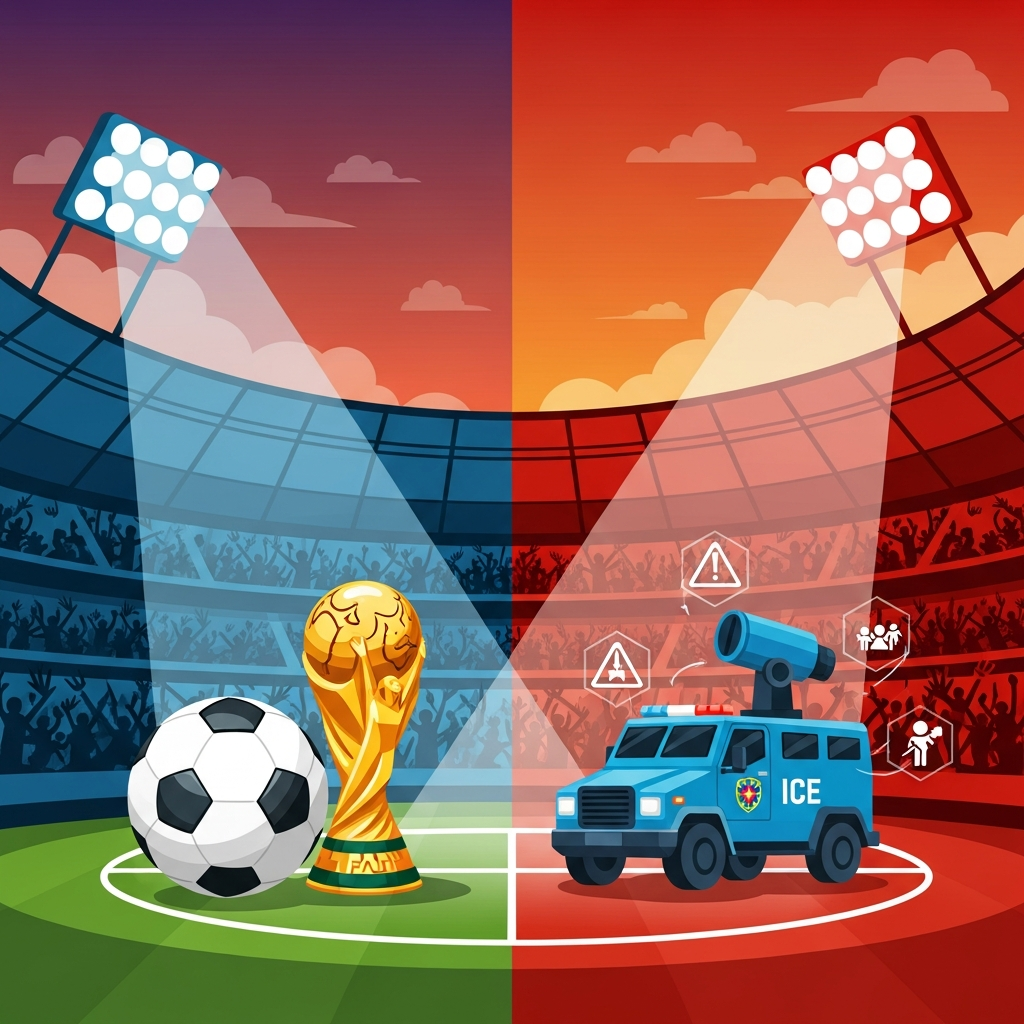 AI Generated Image — An editorial infographic illustration with a split-screen composition showing FIFA World Cup stadium on the left side with a soccer ball and golden trophy under bright stadium spotlights, and ICE enforcement vehicle with human rights warning icons on the right side under red-orange tones, representing the collision between sports and immigration enforcement policy.