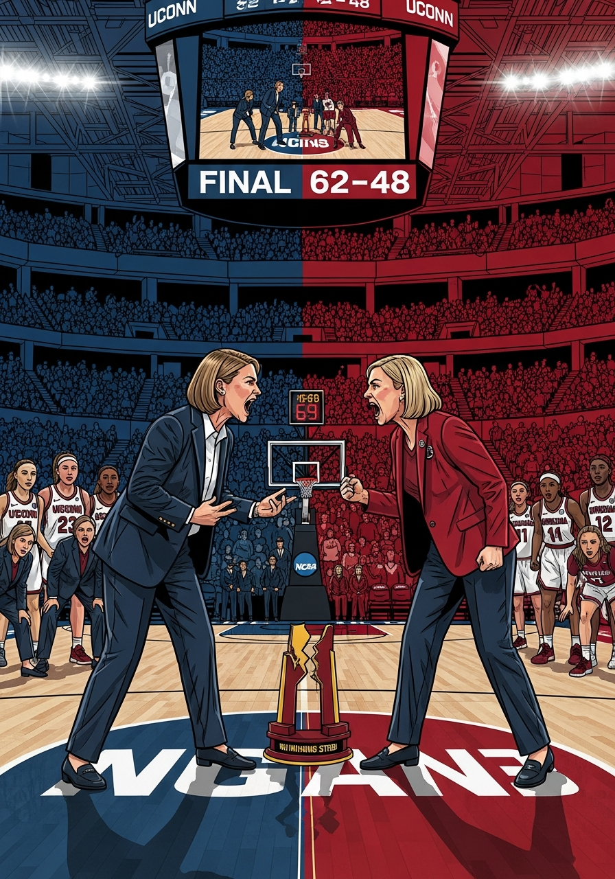 AI Generated Image - Two women's college basketball head coaches from UConn and South Carolina confronting each other at halfcourt in an NCAA arena, scoreboard showing 62-48 final score