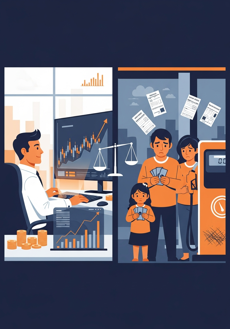 AI Generated Image: a split-panel editorial illustration contrasting two economic worlds after a war. On the left, an investor in a bright office watches a rising stock-market chart beside stacks of coins; on the right, a worried low-income family counts a few bills at a dim gas station surrounded by unpaid invoices.