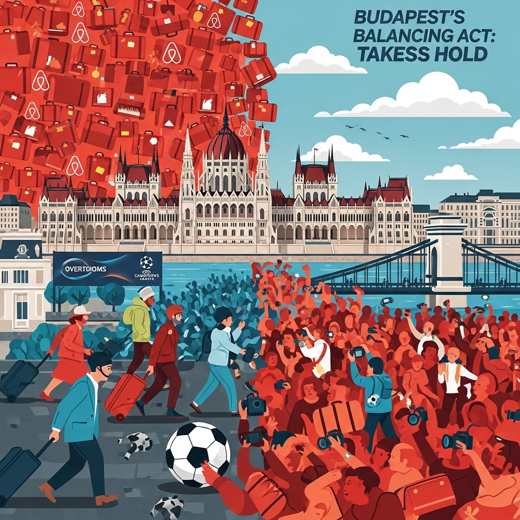 AI Generated Image — An editorial infographic illustration showing Budapest's Parliament building overwhelmed by waves of red luggage icons and Airbnb symbols, with departing residents and surging tourist crowds colliding around a soccer ball, depicting the city's overtourism crisis