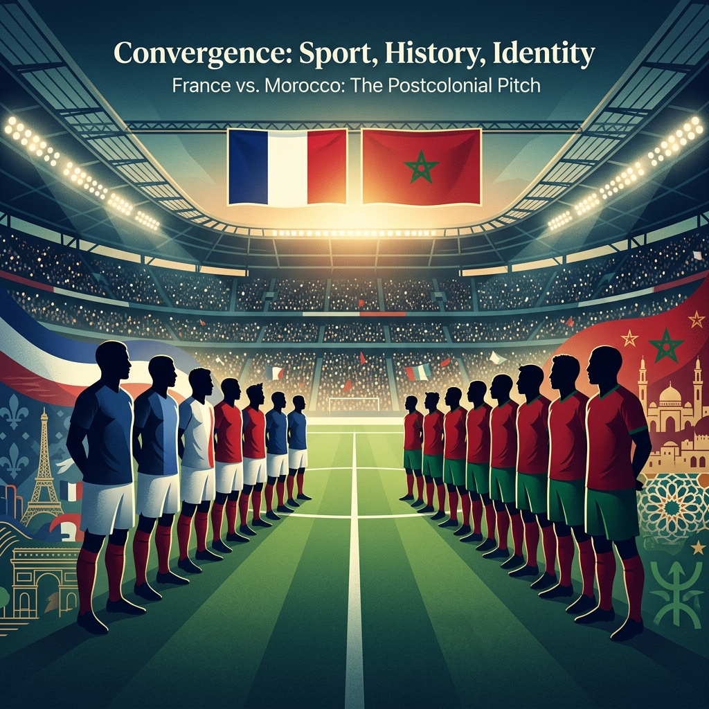 AI Generated Image - Two national football teams representing France and Morocco face each other at the center line of a modern stadium pitch, with both nations' flags displayed prominently above. The Eiffel Tower and French symbols appear on the left background, while Moroccan architectural and cultural elements are on the right.