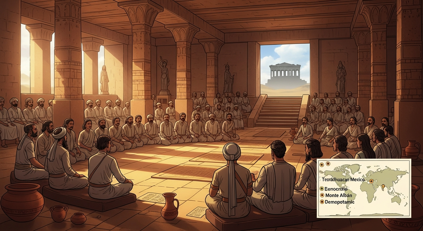 AI Generated Image - Ancient Mohenjo-daro Pillar Hall assembly depicting plural origins of democracy