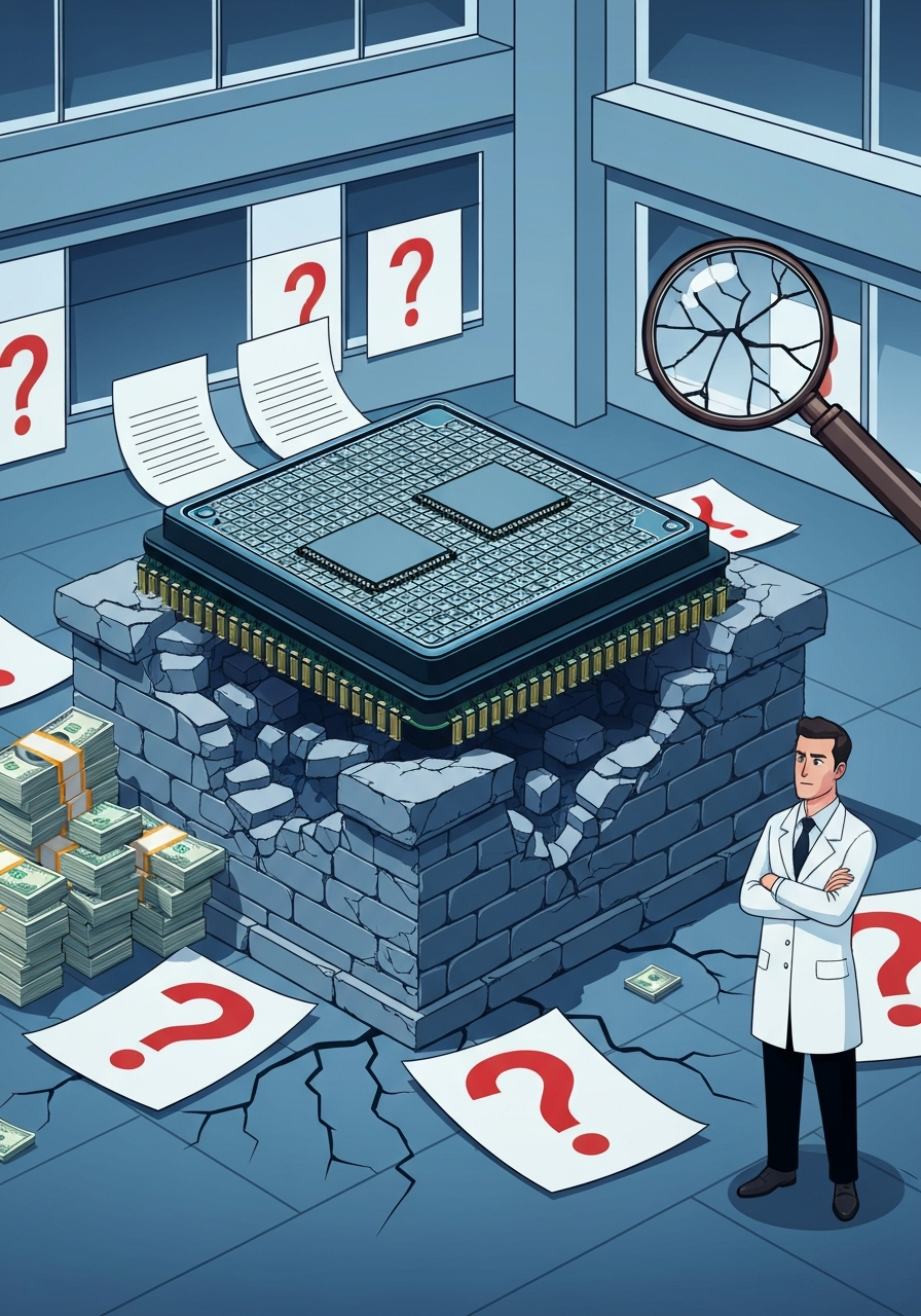 AI Generated Image - Quantum computing chip on cracking foundation in research laboratory with scattered scientific papers and dollar bills