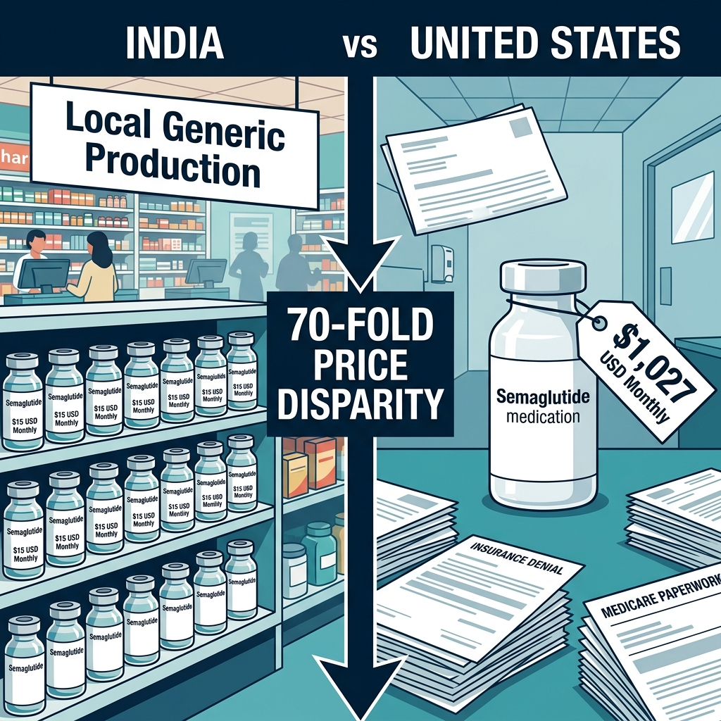 AI Generated Image - Editorial infographic comparing India pharmacy shelves with $15 USD monthly unbranded semaglutide generic vials (LOCAL GENERIC PRODUCTION) and US clinical setting with $1,027 USD monthly unbranded semaglutide vial (HIGH PATENT COSTS, INSURANCE BARRIERS), depicting 70-fold pharmaceutical price disparity and insurance denial documents
