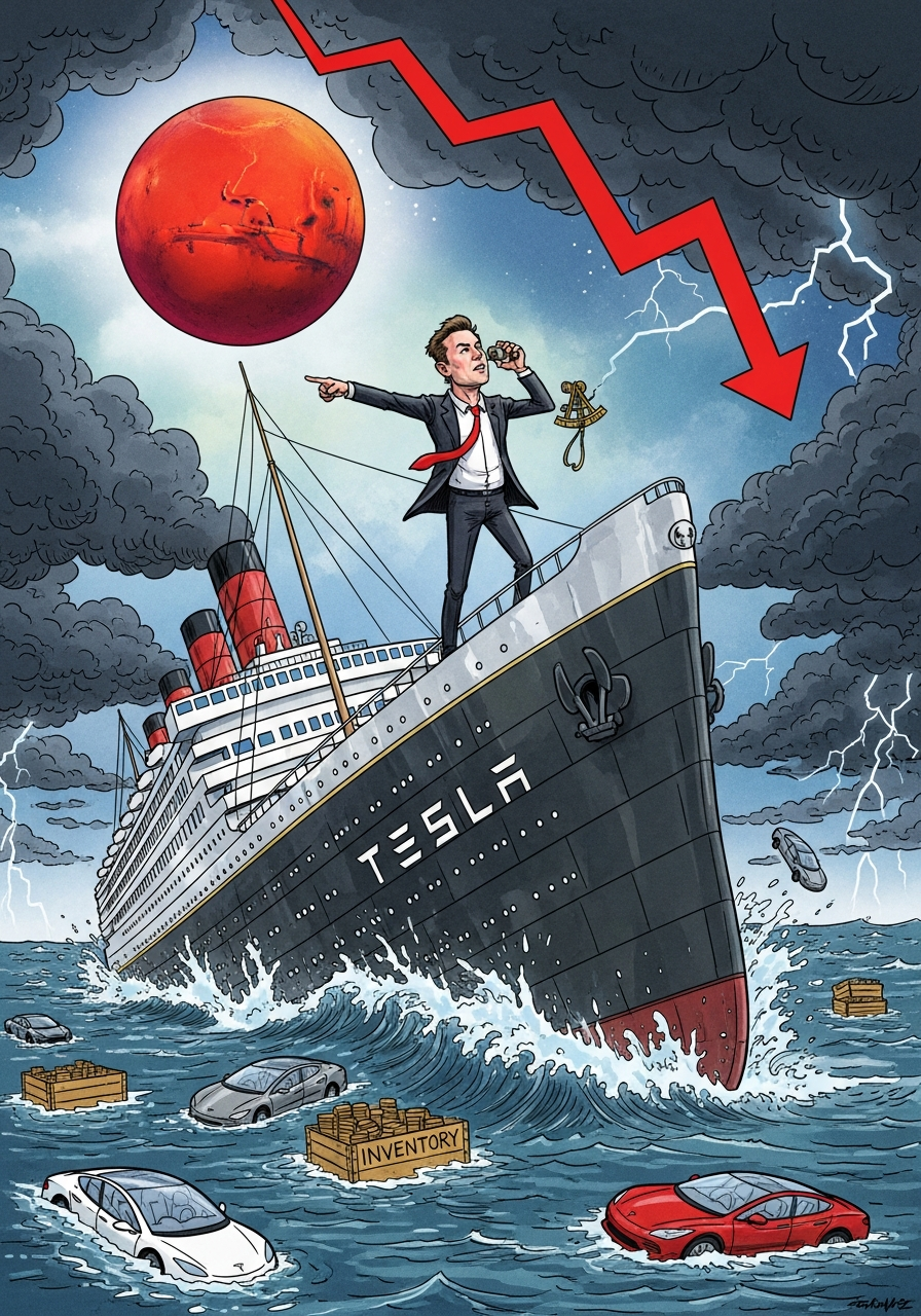 AI Generated Image - A satirical editorial illustration of a massive ship labeled TESLA sinking in a stormy ocean, with a suited captain on the tilting deck pointing up at a bright red Mars in the sky while ignoring the flooding water, unsold Tesla cars and inventory crates floating around the vessel, and a downward red stock chart arrow crashing through the stormy sky
