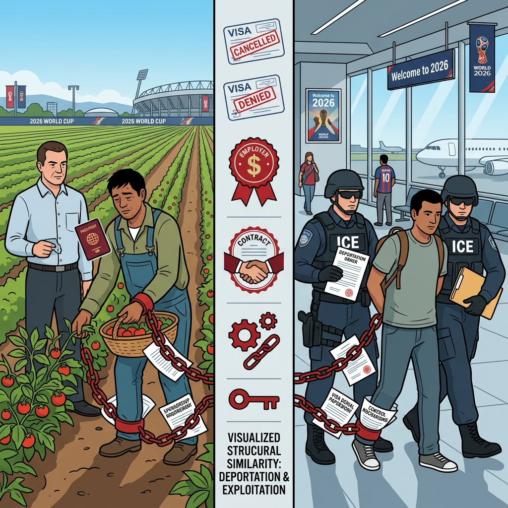 AI 생성 이미지 - 미국의 게스트워커 프로그램과 카타르 카팔라 시스템의 착취 구조를 비교하는 편집 인포그래픽. 왼쪽은 여권이 고용주에 묶인 채 농장에서 일하는 노동자, 오른쪽은 ICE 경찰관에 의해 추방당하는 이민자를 대비하며, 중앙에는 비자 스탬프와 통제 메커니즘이 양쪽 구조의 동일성을 강조한다.