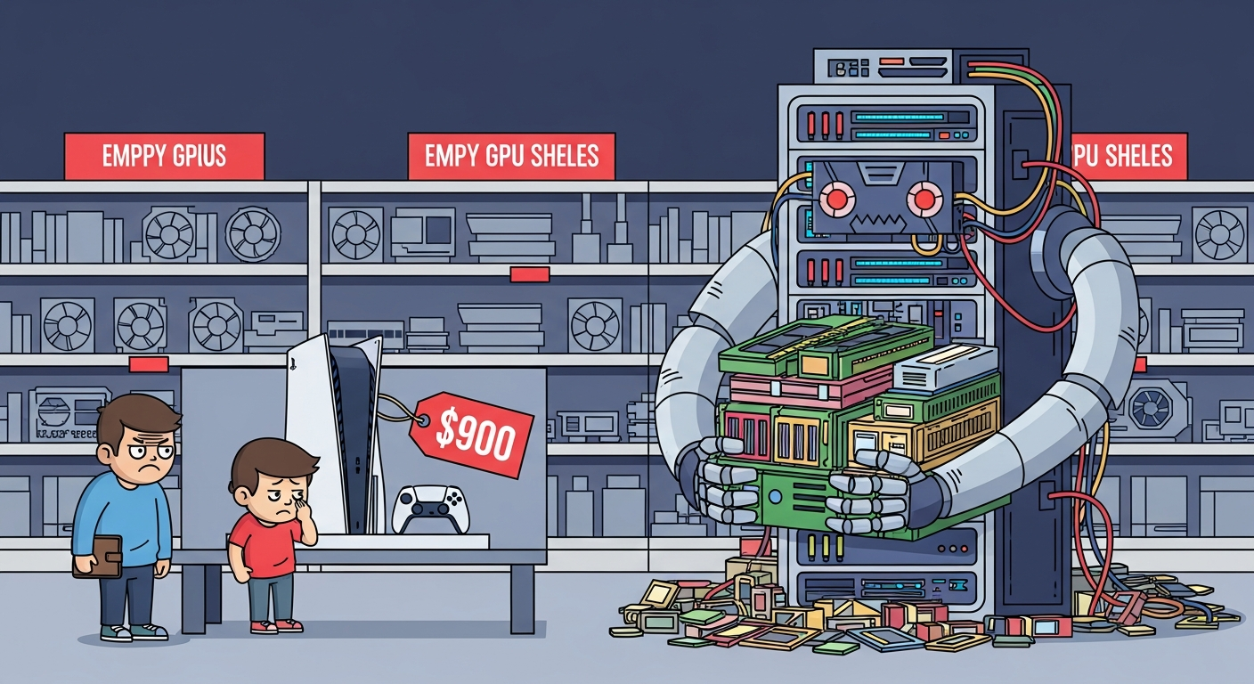 AI Generated Image - A giant AI server robot hoarding DRAM and HBM memory chips while frustrated gamer characters stand before a PS5 console with a shocking $900 price tag in an empty gaming store