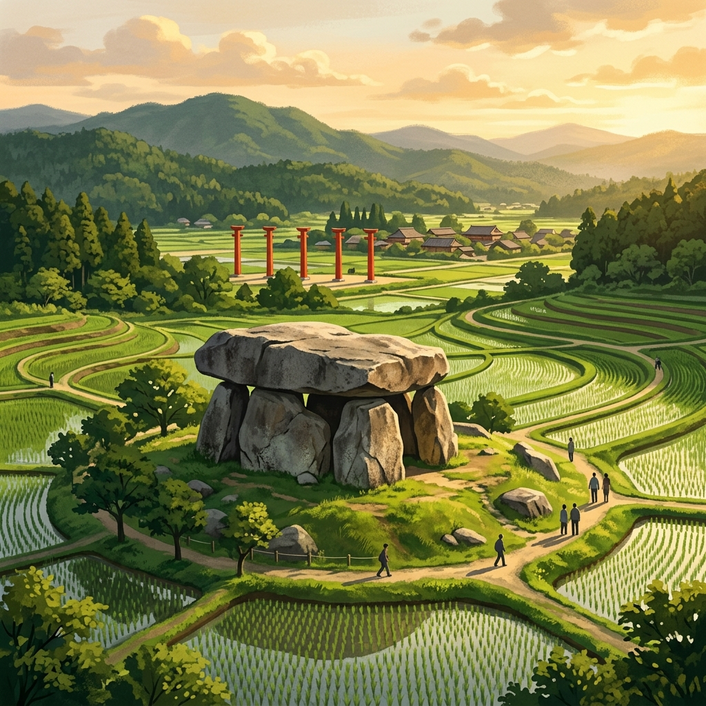 AI Generated Image - Massive stone burial chamber Ishibutai standing amid green rice paddies with distant red ceremonial pillars marking Fujiwara-kyo ruins and Yamato mountains glowing in golden light