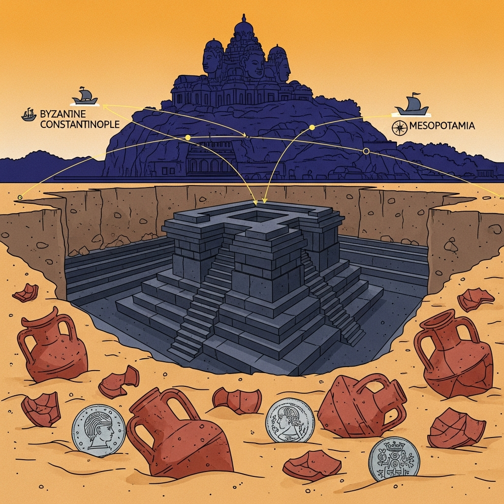 AI Generated Image - Editorial-style digital illustration of the Elephanta Island archaeological excavation site off Mumbai, featuring scattered Mediterranean amphorae fragments and Byzantine coins across the sandy dig pit, a monumental T-shaped stepped basalt reservoir in the center, the iconic three-faced Shiva Trimurti temple silhouette rising in the background, and transparent overlay trade route lines connecting India to Byzantine Constantinople and Mesopotamia across the Indian Ocean.