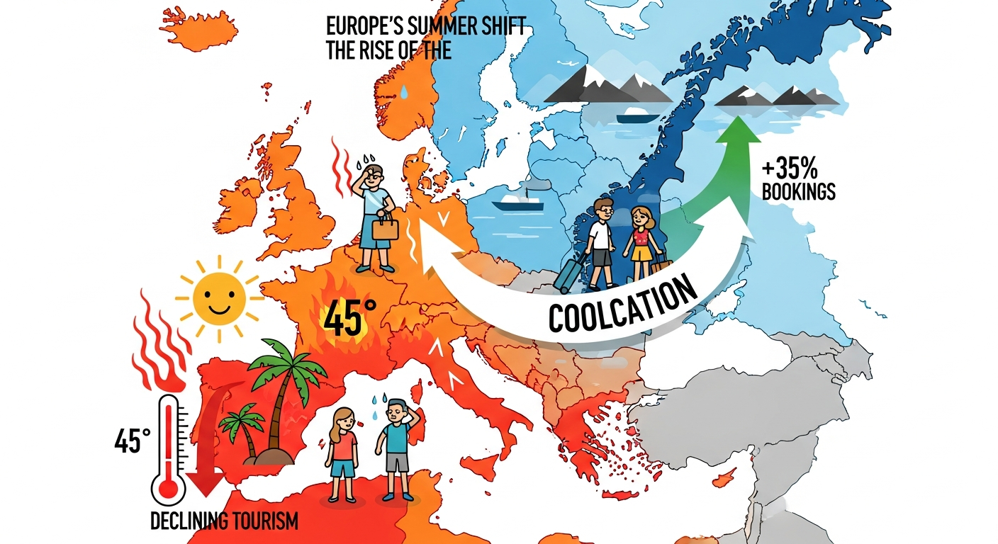 AI Generated Image - European coolcation travel map showing tourist migration from hot Mediterranean to cool Norwegian fjords with temperature contrast infographic