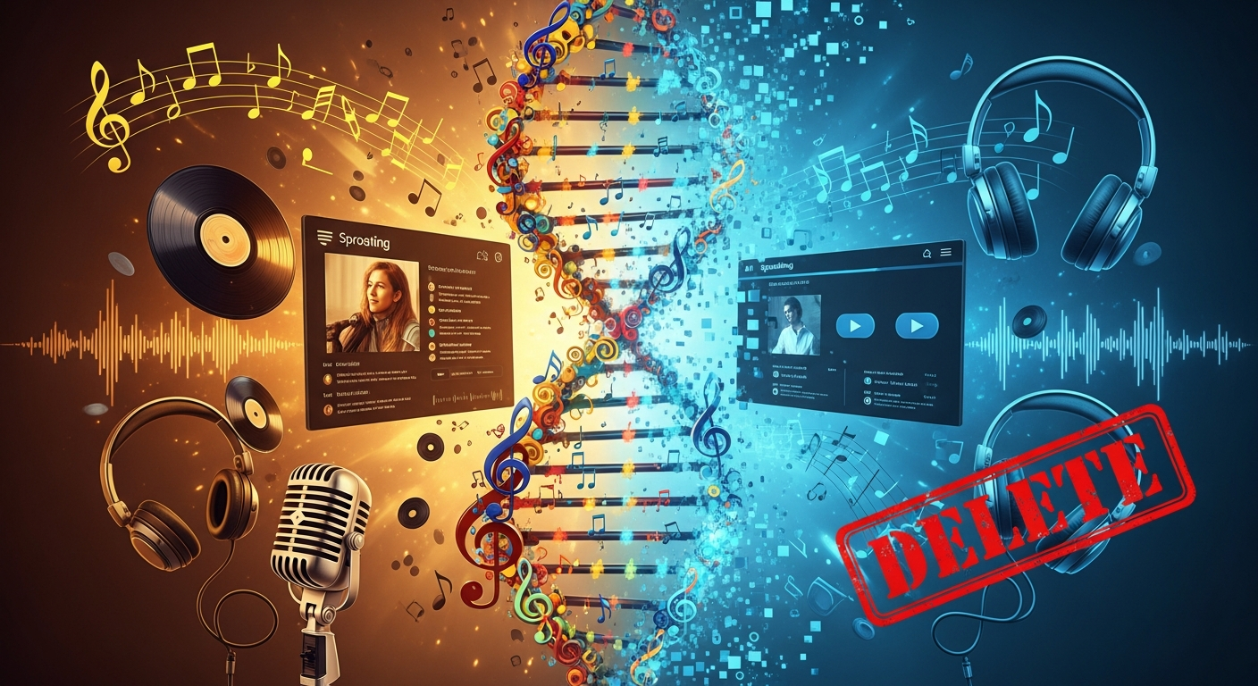 AI Generated Image - Musical DNA double helix dissolving into digital pixels representing AI deepfake music crisis