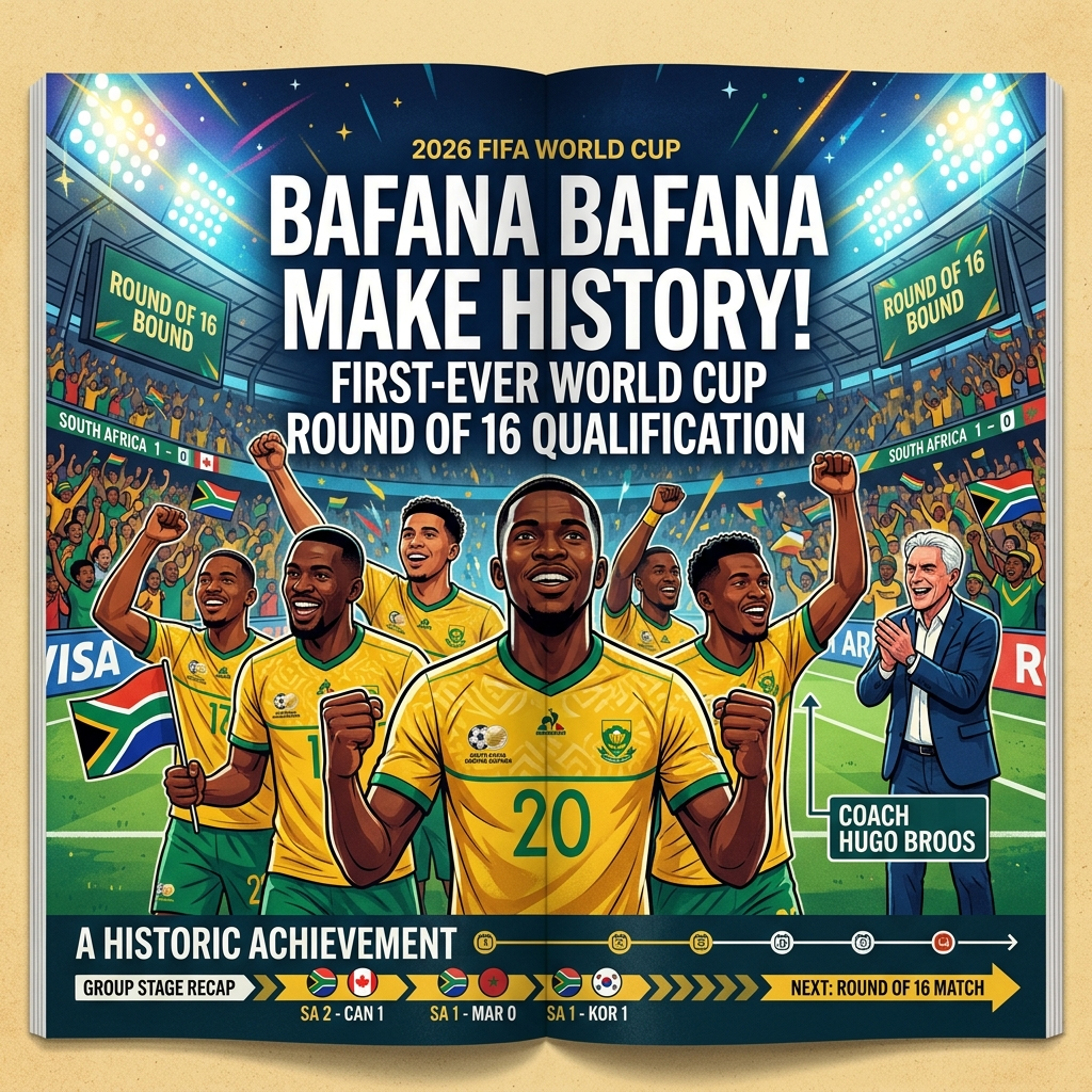 AI 생성 이미지 - 바파나 바파나(남아공 국가대표팀) 선수들이 2026 FIFA 월드컵에서 역사적 16강 진출을 달성해 스타디움에서 환호하는 장면. 선수들이 주먹을 높이 쥐고 승리를 기념하며, 배경에 Hugo Broos 감독이 보인다. 남아공 국기와 월드컵 조별 리그 기록이 표시되어 있다.