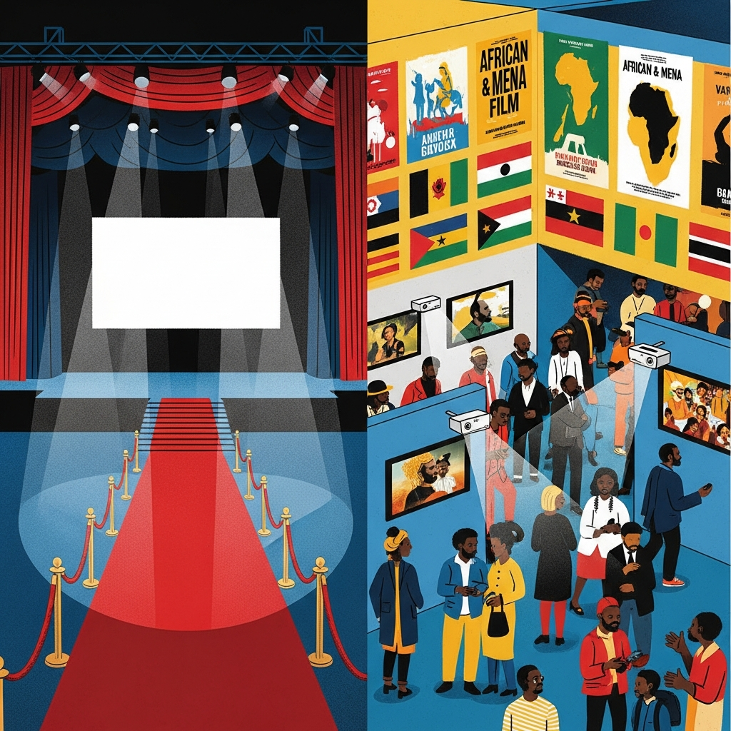 AI Generated Image - A digital illustration capturing the visual metaphor of Cannes 2026 power shift. The left side shows an empty, dramatically spotlit red carpet and main stage, while the right side bursts with vibrant African and MENA film pavilion booths, colorful film posters, flags, and bustling crowds of filmmakers and investors.