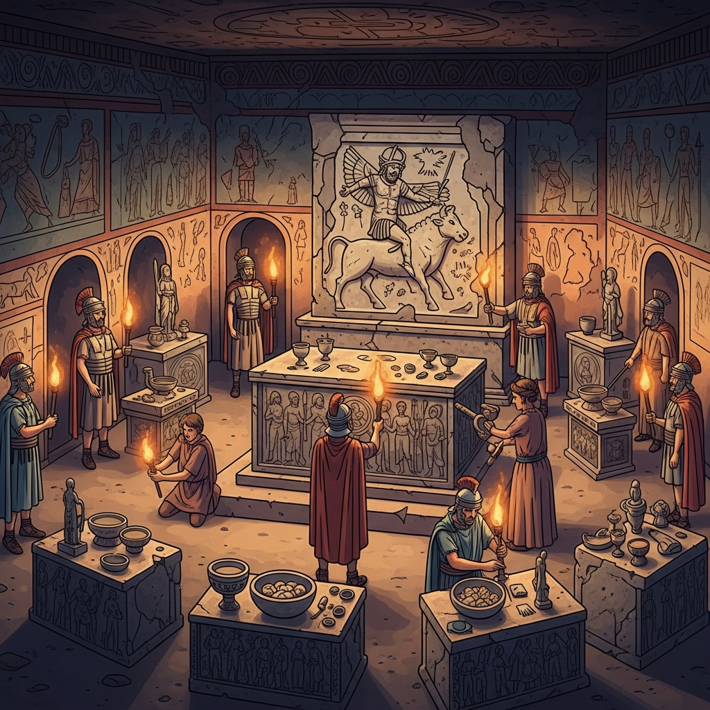 AI Generated Image - Interior of the underground Mithraeum temple chamber at Zerzevan Castle, showing Roman soldiers holding torches performing the seven-level secret initiation ritual. The stone altar features the tauroctony relief of Mithra god sacrificing the sacred bull with perfectly preserved ancient pigments spanning 1,700 years, creating a mysterious ceremonial atmosphere lit by flickering torch light and deep shadows