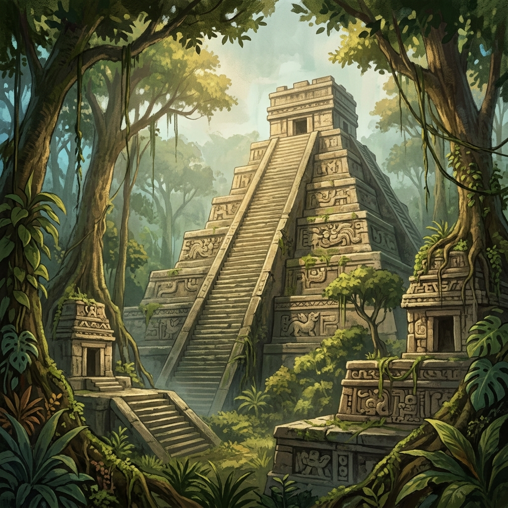 AI Generated Image - Towering Río Bec-style Maya pyramid temple rising through dense tropical jungle canopy, featuring multi-tiered stone architecture with elaborate carved facades, framed by massive ancient trees with golden-filtered light, depicting an untouched archaeological site of profound stillness