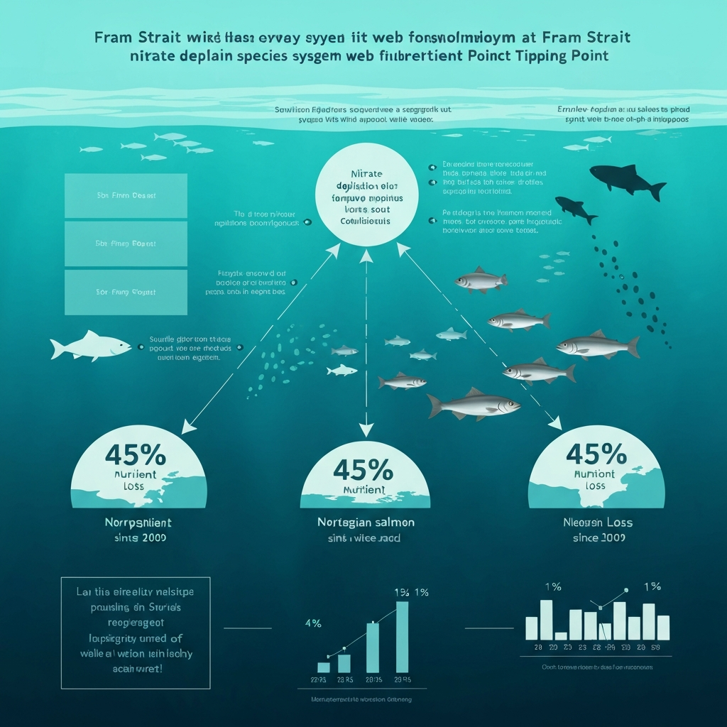 AI Generated Image - An infographic visualization of the Arctic food chain collapse caused by nitrate depletion at Fram Strait. Depicts how smaller phytoplankton are replacing larger species, showing declining populations of salmon, herring, and other major fish stocks, with data charts indicating 45% nutrient loss since 2009.