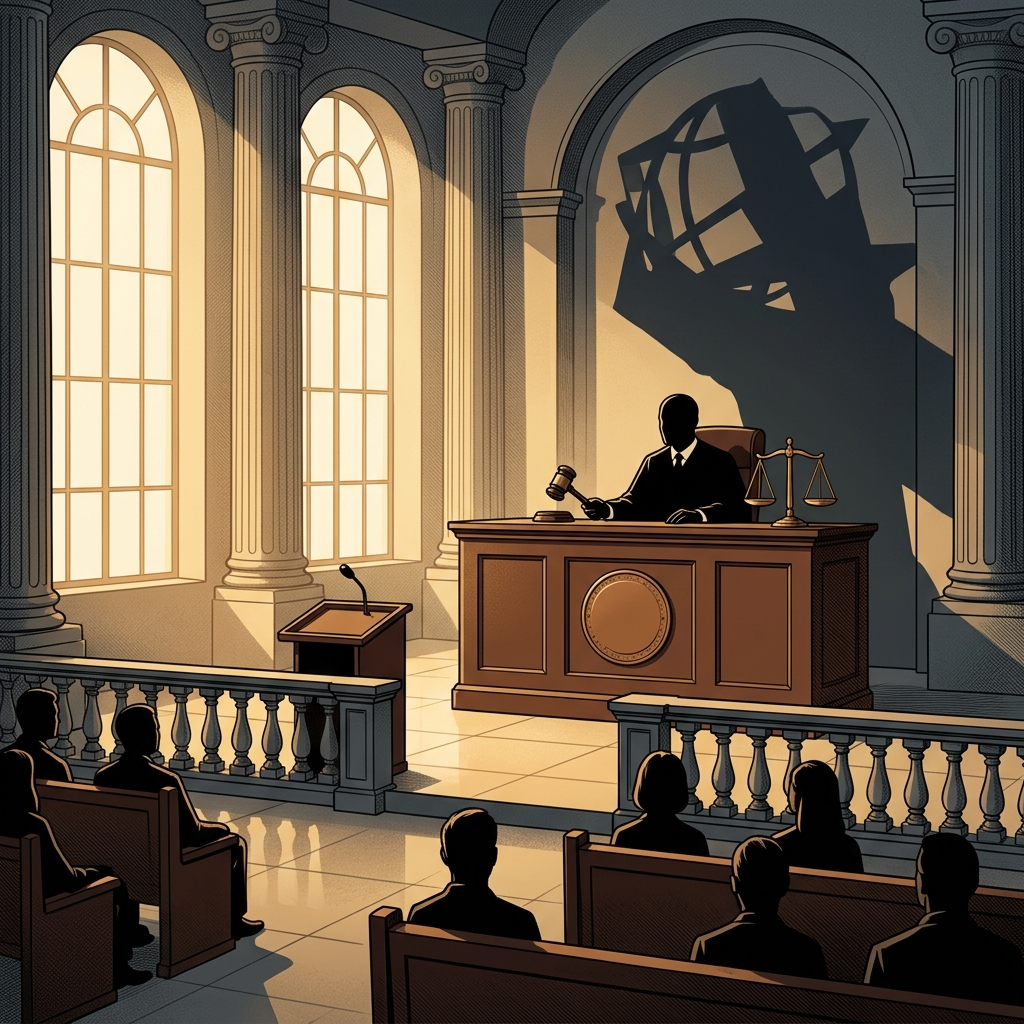 AI Generated Image - Judge seated at bench in international courtroom with scales of justice and gavel, dramatic shadow of geopolitical pressure looming in background