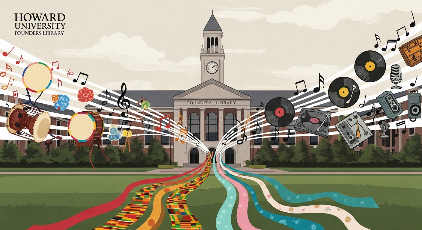 AI Generated Image - Illustration of Howard University Founders Library with Korean traditional music elements and R&B/hip-hop music elements merging into a single musical river